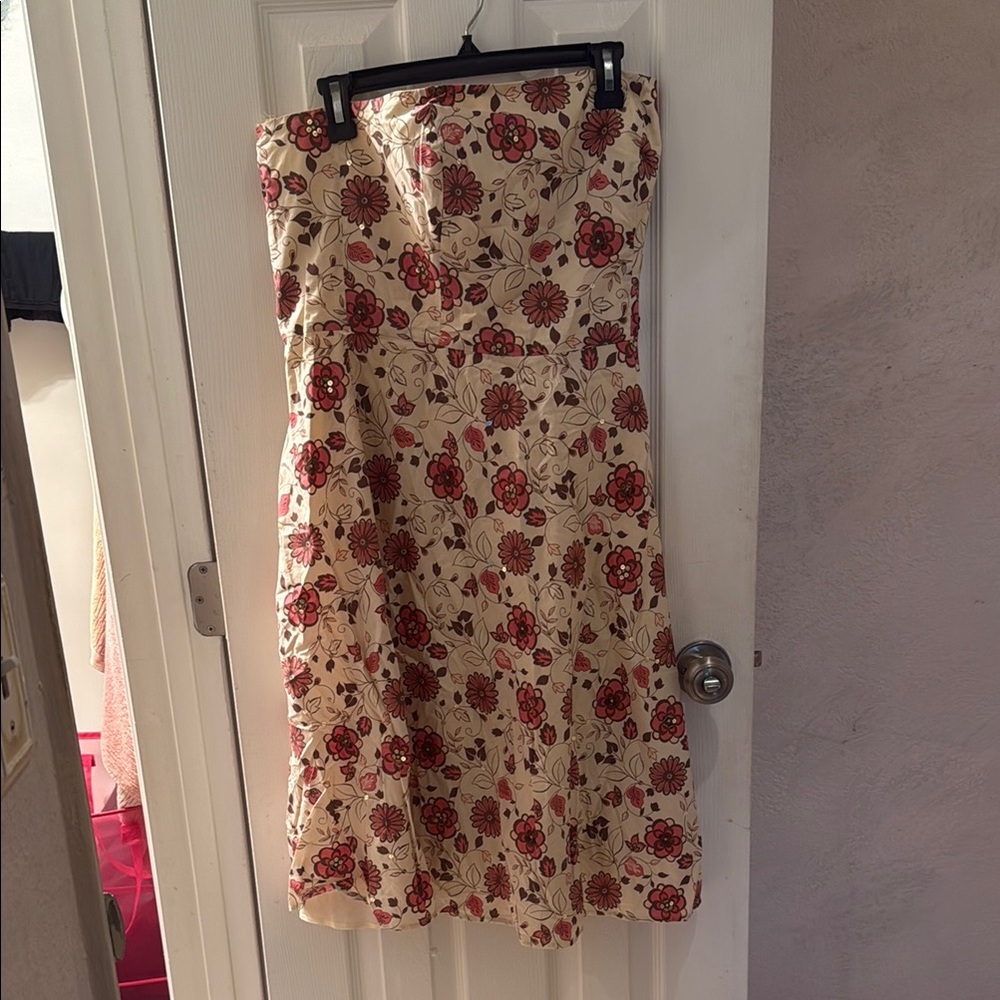 LOFT Cream and Red Ruffled Midi Dress
